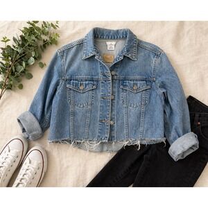 H&M &Denim Womens Cropped Distressed Denim Jacket Blue Raw Hem Large